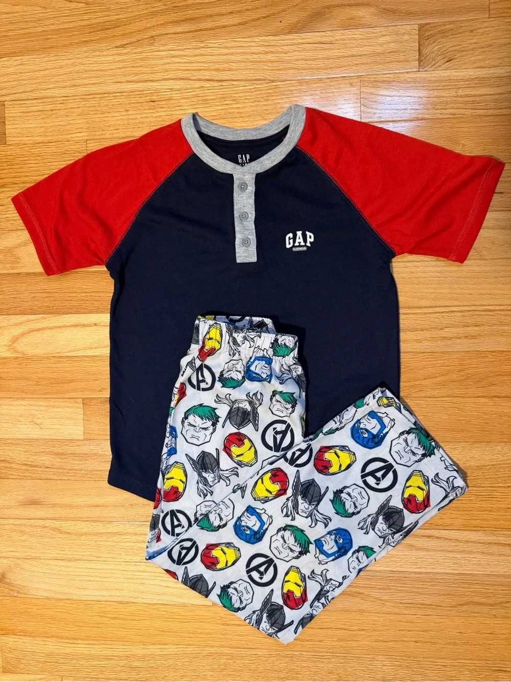 GAP Navy and Red Short-Sleeve Pajama Set with Superhero Print Pants